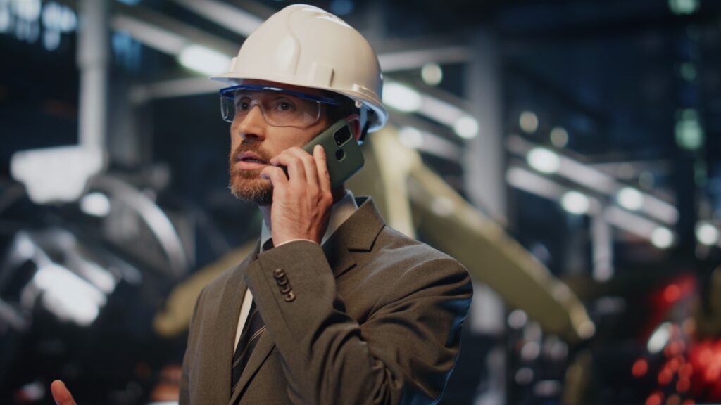 Confident plant boss calling partners at manufacturing workshop close up.